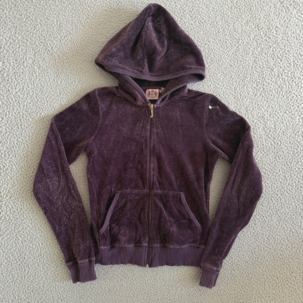 Y2K Juicy Couture Purple Velour Glitter Zip Hoodie Small Gold Logo